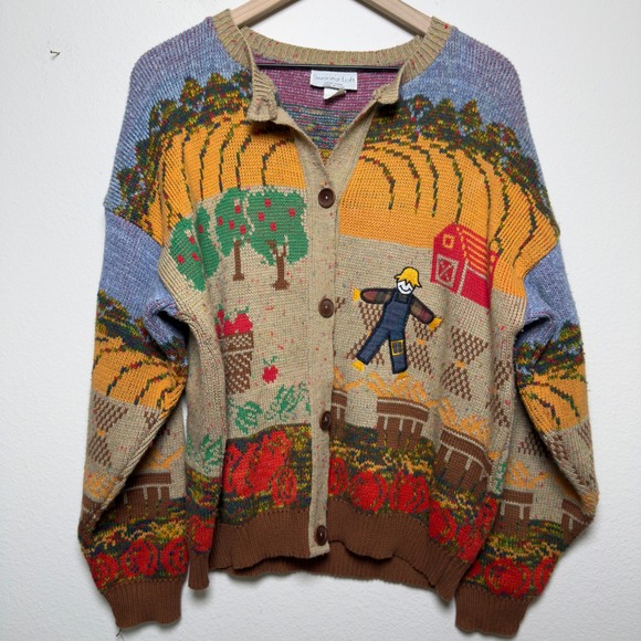 Sweater Loft Sweaters - VTG Women Cardigan Sweater Large Farm Harvest Scarecrow Apple Orchard Novelty
